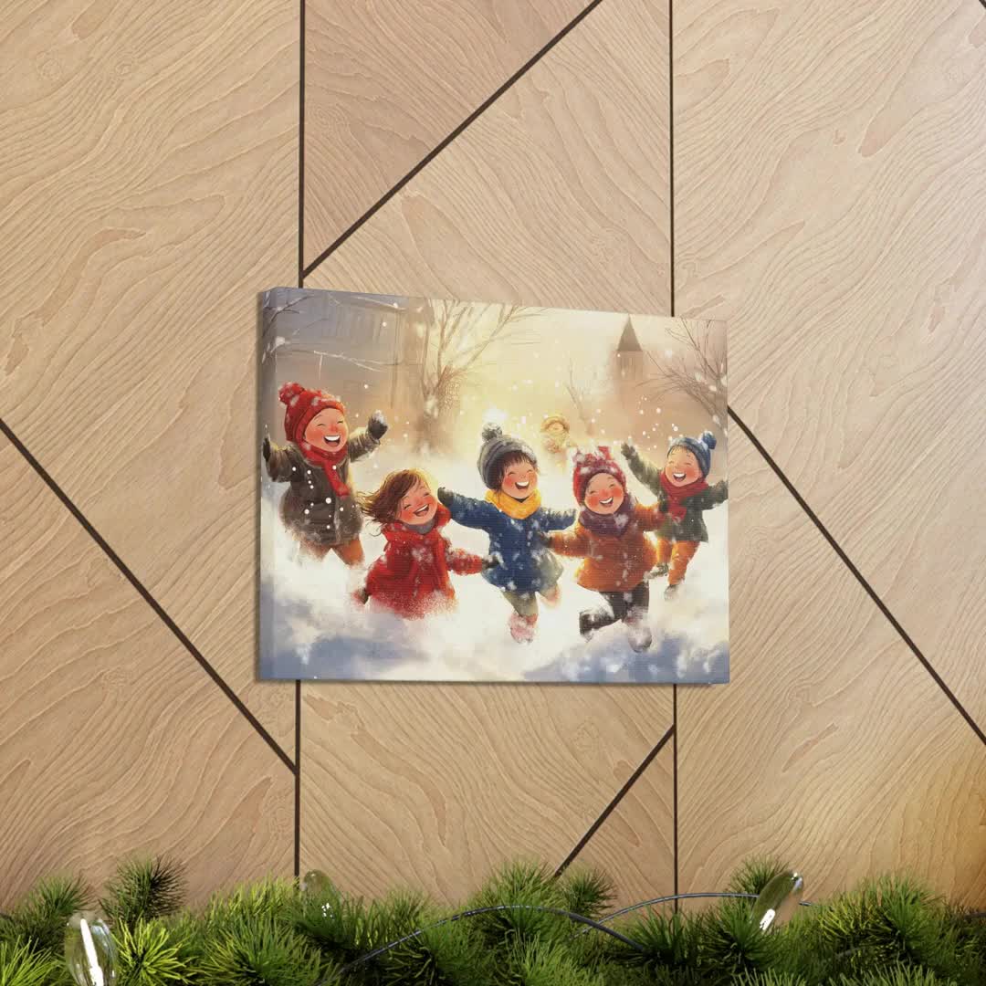 雪の中で遊ぶ子供たちのキャンバスアート：ノスタルジックな冬の風景